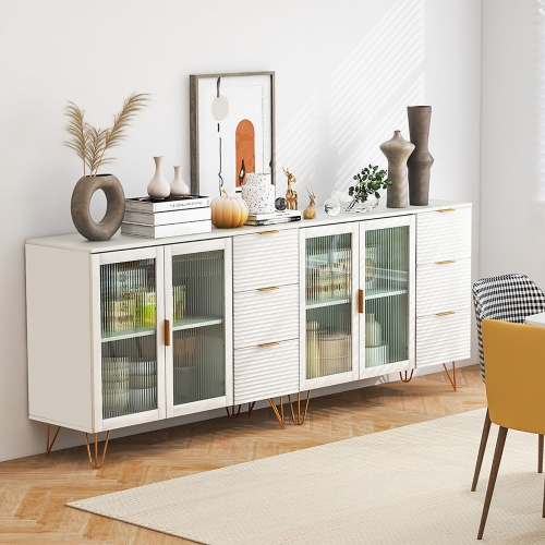 Gymax Buffet Server Sideboard w/ 2 Tempered Glass Doors & 3 Drawers for Kitchen White