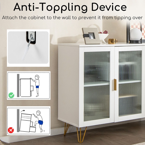 Gymax Buffet Server Sideboard w/ 2 Tempered Glass Doors & 3 Drawers for Kitchen White