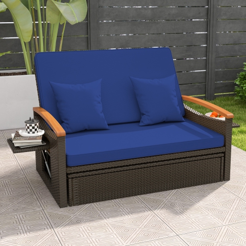 Gymax Outdoor Wicker Daybed Patio Loveseat & Storage Ottoman Set w/ Navy Cushions