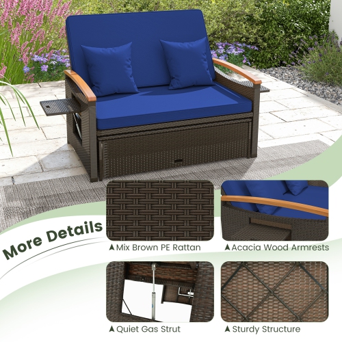 Gymax Outdoor Wicker Daybed Patio Loveseat & Storage Ottoman Set w/ Navy Cushions