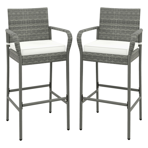 GYMAX  Set Of 2 Rattan Patio Bar Stools Outdoor Bar Height Chairs W/ Cushions