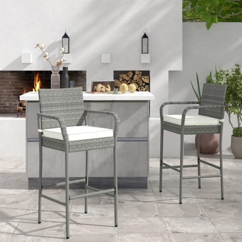 Gymax Set of 2 Rattan Patio Bar Stools Outdoor Bar Height Chairs w/ Cushions