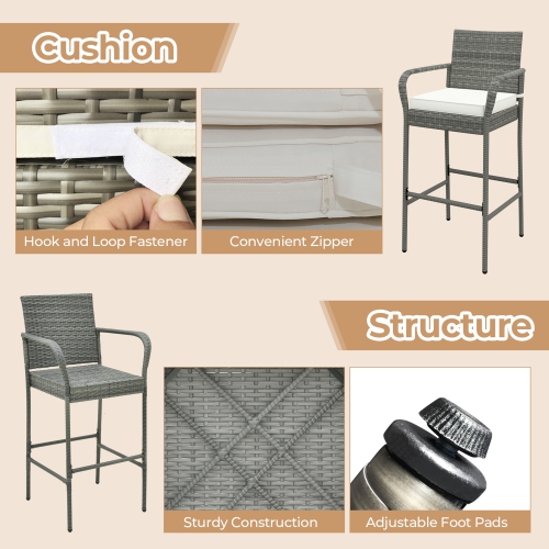 Gymax Set of 2 Rattan Patio Bar Stools Outdoor Bar Height Chairs w/ Cushions