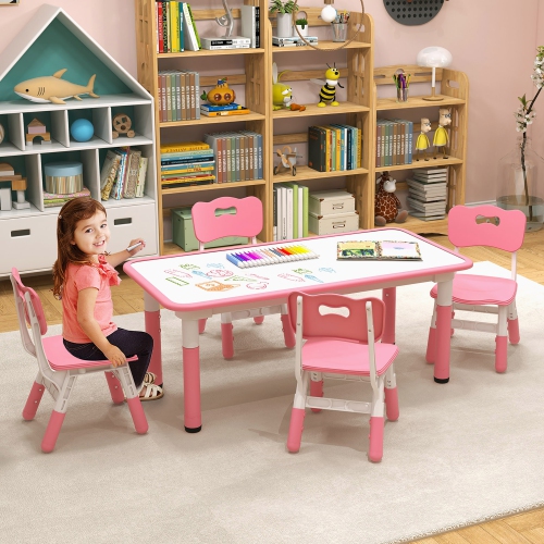Gymax Kids Height Adjustable Table and 4 Chairs Set with Graffiti Desktop