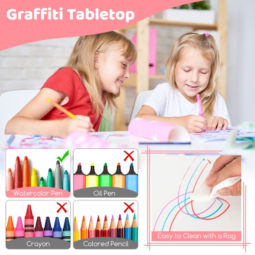 Gymax Kids Height Adjustable Table and 4 Chairs Set with Graffiti Desktop