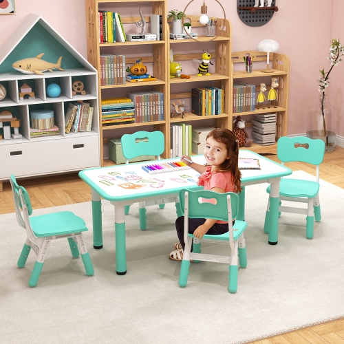 Gymax Kids Height Adjustable Table and 4 Chairs Set with Graffiti Desktop