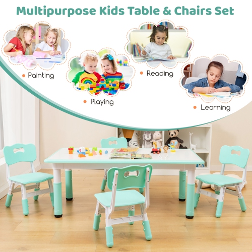 Gymax Kids Height Adjustable Table and 4 Chairs Set with Graffiti Desktop