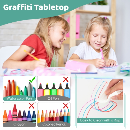 Gymax Kids Height Adjustable Table and 4 Chairs Set with Graffiti Desktop