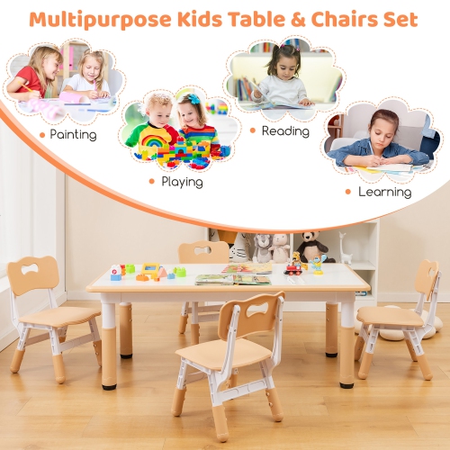 Gymax Kids Height Adjustable Table and 4 Chairs Set with Graffiti Desktop