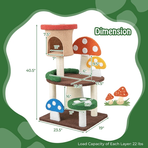 Gymax 41'' Mushroom Cat Tree Tower Indoor Kitten Activity Center w/ Natural Sisal Posts