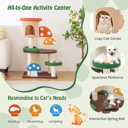 Gymax 41'' Mushroom Cat Tree Tower Indoor Kitten Activity Center w/ Natural Sisal Posts