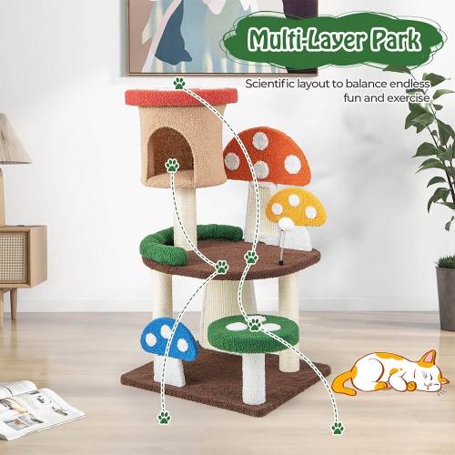 Gymax 41'' Mushroom Cat Tree Tower Indoor Kitten Activity Center w/ Natural Sisal Posts