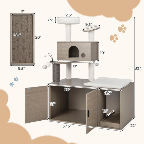 Gymax Cat Tree with Litter Box Enclosure 2-in-1 Modern Cat Tower with Cat Condo