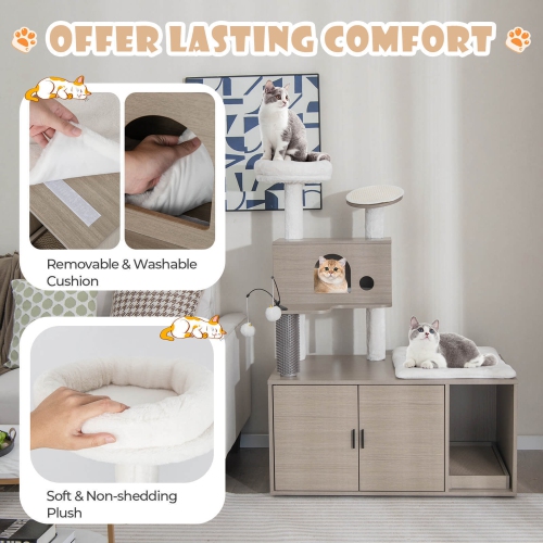 Gymax Cat Tree with Litter Box Enclosure 2-in-1 Modern Cat Tower with Cat Condo