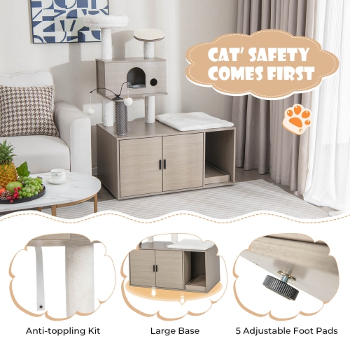Gymax Cat Tree with Litter Box Enclosure 2-in-1 Modern Cat Tower with Cat Condo