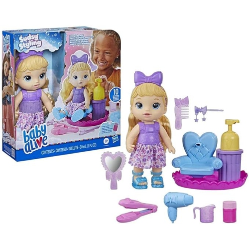 Baby Alive – poupée mode sudsy, cheveux blonds, comprend une poupée bébé de 12 po, une chaise de salon et des accessoires pour poupée