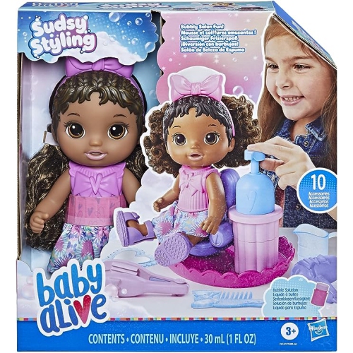 Poupée mode poupon Baby Alive, cheveux noirs, comprend une poupée bébé de 12 po, une chaise de salon et des accessoires pour poupée
