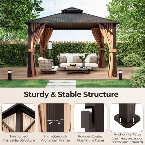 Gymax 12' x 12' Double-Roof Hardtop Gazebo with Galvanized Steel Roof Netting Curtains