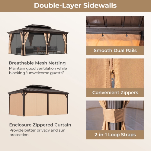 Gymax 12' x 20' Double-Roof Hardtop Gazebo w/ Galvanized Steel Roof Netting Curtains