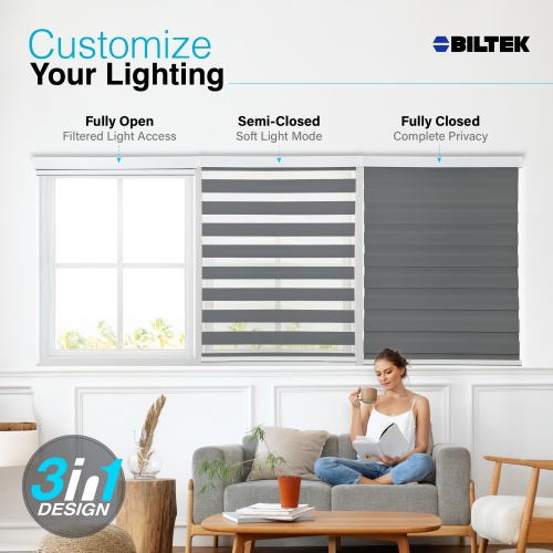 Biltek Zebra Cordless Window Blinds, Dual Layered Light Filtering Roller Shades, Easy Install Blinds, Indoor Home Decor, Pull-Down Shades for