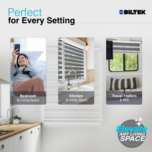 Biltek Zebra Cordless Window Blinds, Dual Layered Light Filtering Roller Shades, Easy Install Blinds, Indoor Home Decor, Pull-Down Shades for