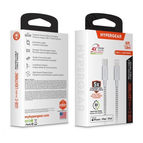 HyperGear 6 ft. USB-C to Lightning Braided Charge and Sync Cable - White