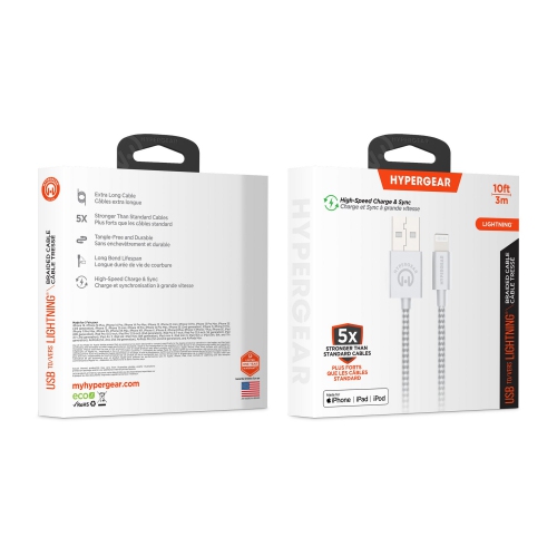 HyperGear 10 ft. USB-A to Lightning Braided Charge and Sync Cable - White