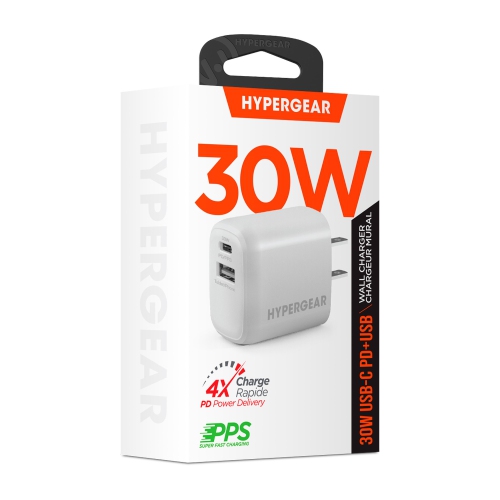 HyperGear 30W Dual Port USB-C PD & USB-A (18W Max) Wall Charger Hub - White