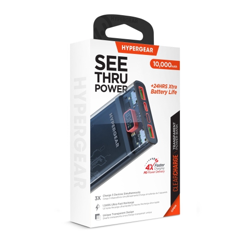 HyperGear 10000mAh Transparent 20W Single Port USB-C & 18W Dual Port USB-A Portable Power Bank