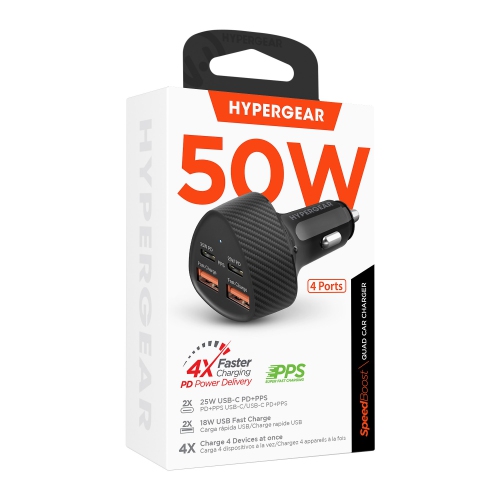 HyperGear SpeedBoost 50W Dual USB-C & Dual USB-A CLA Fast Charge Car Charger - Black