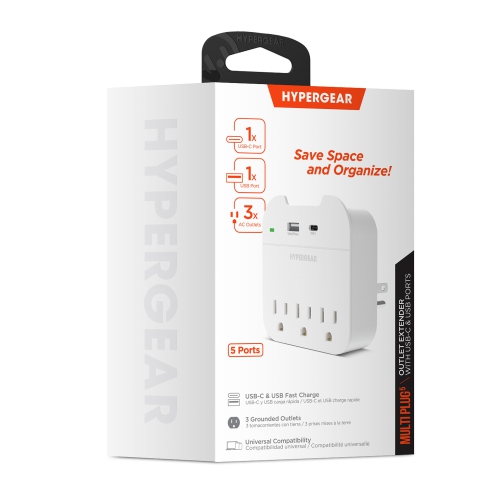 HyperGear Multi Plug 5 Outlet Extender with USB-C & USB Ports - White