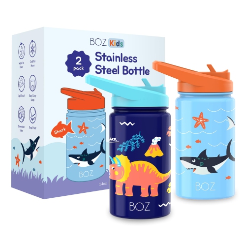 BOZ Kids Insulated Water Bottle with Straw Lid - Two-Pack Bundle, Shark / Dinosaur Stainless Steel Vacuum Double Wall Water Cup, 14 oz. Scratch-resis