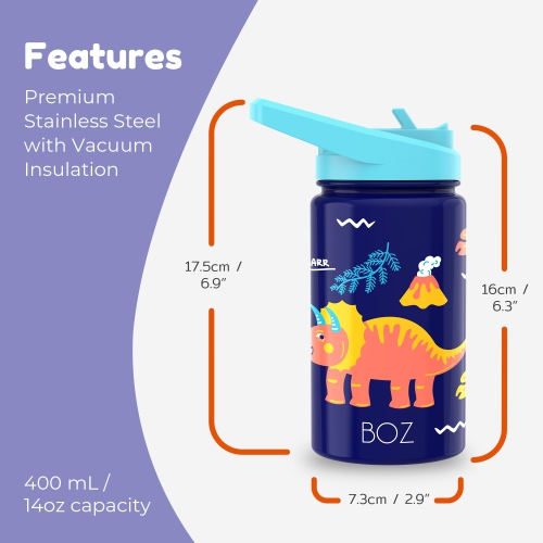 BOZ Kids Insulated Water Bottle with Straw Lid - Two-Pack Bundle, Shark / Dinosaur Stainless Steel Vacuum Double Wall Water Cup, 14 oz.