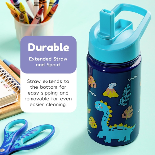 BOZ Kids Insulated Water Bottle with Straw Lid - Two-Pack Bundle, Shark / Dinosaur Stainless Steel Vacuum Double Wall Water Cup, 14 oz.