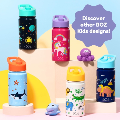 BOZ Kids Insulated Water Bottle with Straw Lid - Two-Pack Bundle, Shark / Dinosaur Stainless Steel Vacuum Double Wall Water Cup, 14 oz.