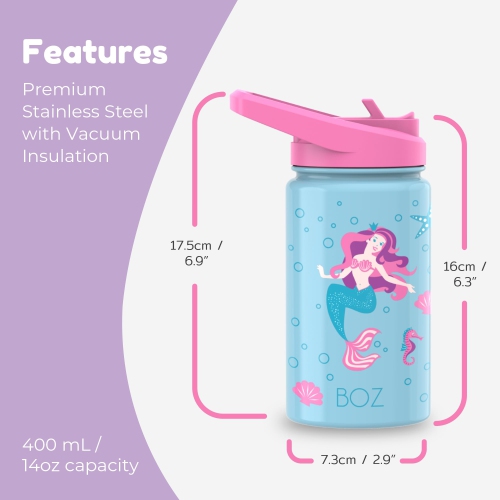 BOZ Kids Insulated Water Bottle with Straw Lid - Two-Pack Bundle, Unicord / Mermaid, Stainless Steel Vacuum Double Wall Water Cup, 14 oz.