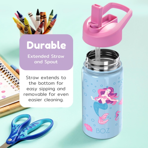 BOZ Kids Insulated Water Bottle with Straw Lid - Two-Pack Bundle, Unicord / Mermaid, Stainless Steel Vacuum Double Wall Water Cup, 14 oz.