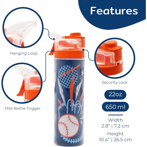BOZ Elite 22 oz Custom Baseball-Styled Insulated Water Bottle - Ergonomic Squeeze & Cooling Mist Spray Functions, Durable, Leak-Proof, BPA-Free
