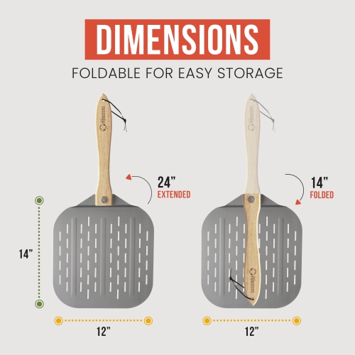 Chef Pomodoro Perforated Aluminum Metal Pizza Peel with Foldable Wood Handle for Easy Storage, Pizza Spatula, Premium Pizza Paddle with Holes for