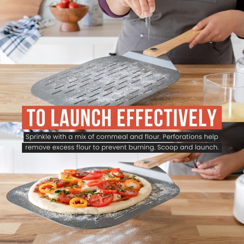 Chef Pomodoro Perforated Aluminum Metal Pizza Peel with Foldable Wood Handle for Easy Storage, Pizza Spatula, Premium Pizza Paddle with Holes for
