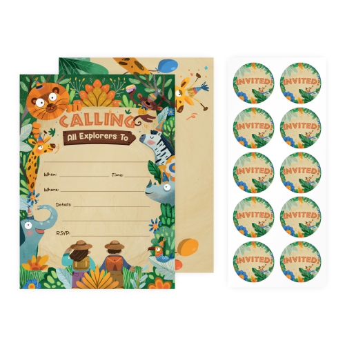 Rileys & Co. 50-Pack Safari Theme Party Invitations for Kids - 5 x 7 inches - Premium Quality Cards with Matching Envelopes & Stickers