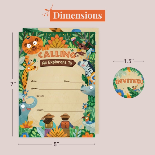 Rileys & Co. 50-Pack Safari Theme Party Invitations for Kids - 5 x 7 inches - Premium Quality Cards with Matching Envelopes & Stickers