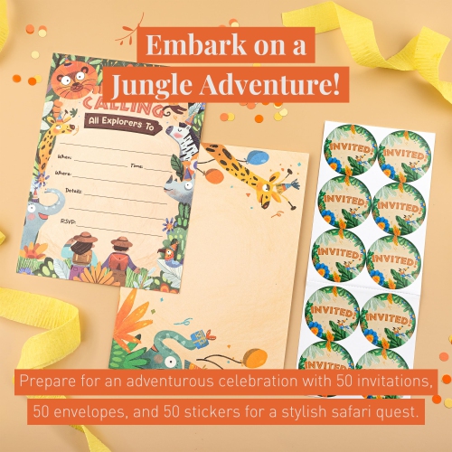 Rileys & Co. 50-Pack Safari Theme Party Invitations for Kids - 5 x 7 inches - Premium Quality Cards with Matching Envelopes & Stickers