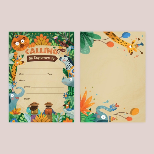 Rileys & Co. 50-Pack Safari Theme Party Invitations for Kids - 5 x 7 inches - Premium Quality Cards with Matching Envelopes & Stickers