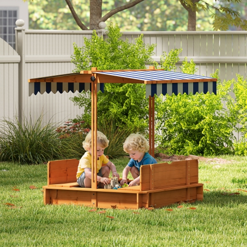 Outsunny Kids – Bac à sable en bois avec auvent réglable et escamotable et banquettes pliables pour 3-7 ans, rouge