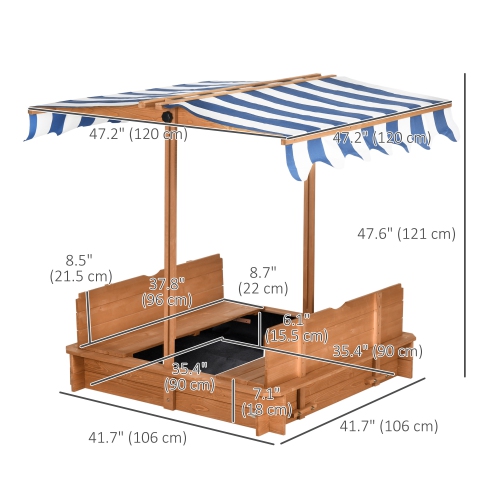 Outsunny Kids – Bac à sable en bois avec auvent réglable et escamotable et banquettes pliables pour 3-7 ans, rouge