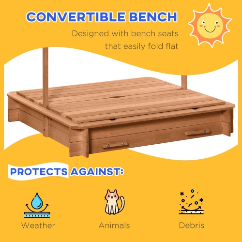 Outsunny Kids – Bac à sable en bois avec auvent réglable et escamotable et banquettes pliables pour 3-7 ans, rouge