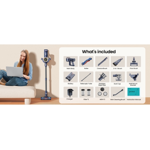 Cordless Vacuum Cleaner 45Kpa 550W, 60 Mins Stick Vacuum, Touch Screen, Wall Mount Charging, Anti-Tangle Rollor, 1.5L Dustcup, Upright Vacuum