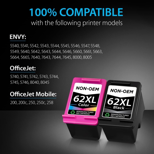 [High Yield] 2BK Remanufactured Ink Cartridge Replacement for HP 62XL hp62 ink- HP ENVY 5540, 5640, 5660, 7640 Series, HP OfficeJet 5740, 8040