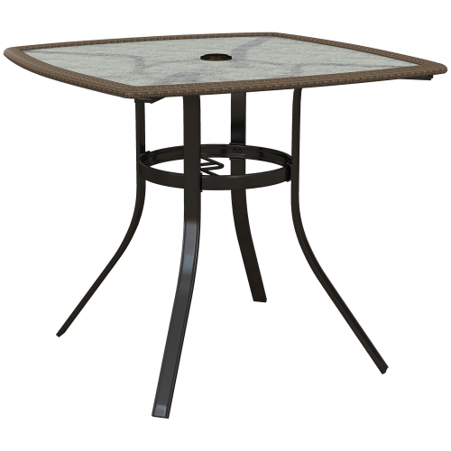 OUTSUNNY  " 34"" Square Outdoor Dining Table, Patio Table With Umbrella Hole, Water-Grain Glass Top Coffee Table for Balcony, Poolside, Dark Brown"